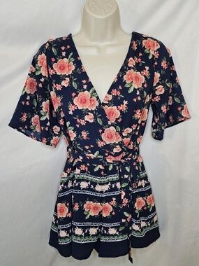 Women Trixxi Floral Navy Blue Belted Surplice Neckline One Piece Shorts Romper S